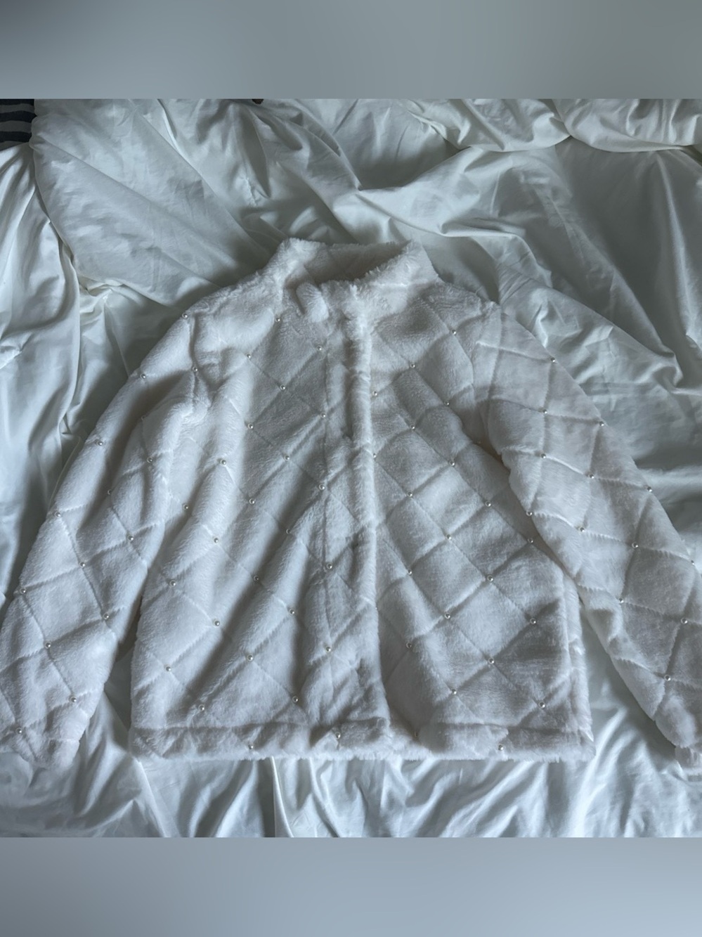 Women’s White Quilted Faux-Fur Jacket with Pearl Accents